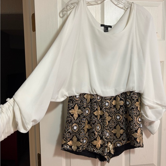 White and Sequined Cold Shoulder Forever 21 Romper - Picture 1 of 5